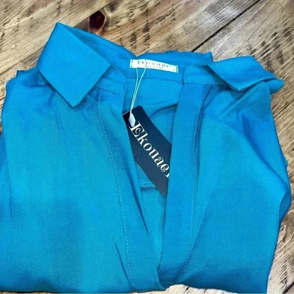 Ekouer teal v- neck shirt dress long sleeve with pockets NWT - Picture 10 of 10